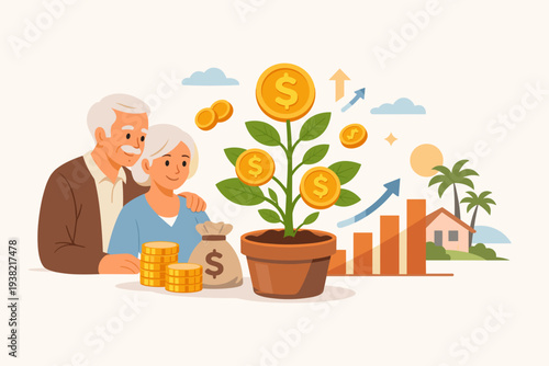 Senior Elderly Couple Watching Money Tree Grow for Retirement Pension Fund Investment, Financial Planning, Savings, 401k, Wealth Growth, Future Security, and Happy Retired Life Vector Concept