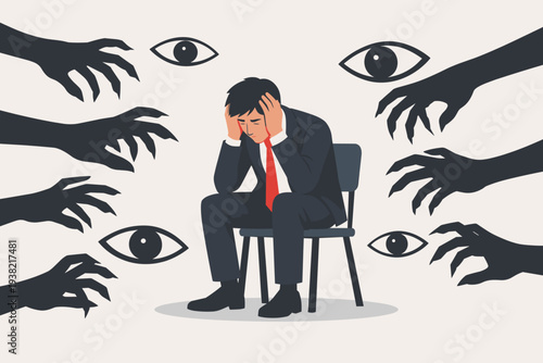 Businessman Suffering from Paranoia, Anxiety, and Panic Attacks, Surrounded by Shadowy Hands and Staring Eyes Symbolizing Mental Health Disorders, Depression, Fear, and Psychological Pressure