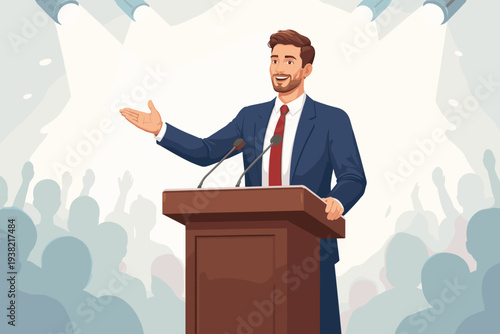 Confident businessman or politician giving a powerful speech at a podium with microphones, gesturing to a cheering crowd under bright spotlights, public speaking and leadership concept vector
