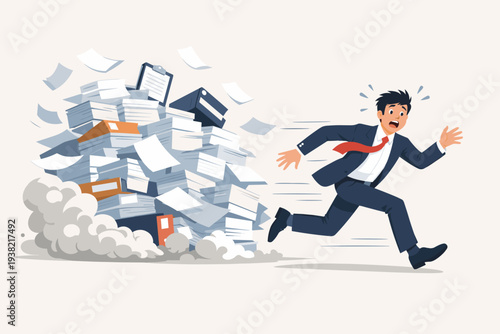 Overwhelmed businessman in a suit running away from a massive pile of falling paperwork and office files, concept of work overload, stress, burnout, deadline pressure, and anxiety at work.