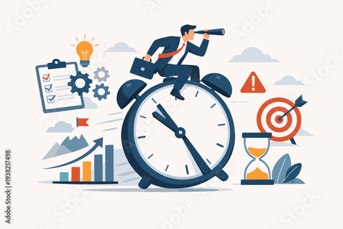 Time Management and Business Vision Concept with Businessman Sitting on Large Alarm Clock Looking Through Telescope. Project Planning, Deadline, Strategy, and Productivity Icons Vector Illustration.