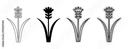 Stylized grain plant icon set featuring various artistic styles for agricultural and natural design elements.