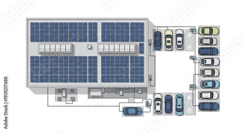 Aerial view of a modern building with solar panels and parking lot.