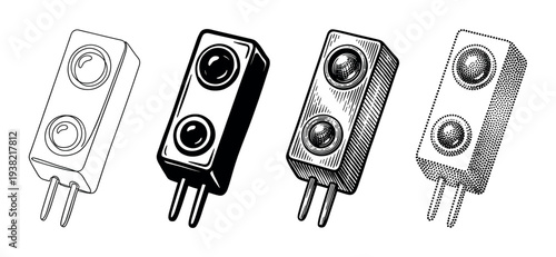 Dual LED electronic component module is clearly depicted in four distinct black and white illustration styles.