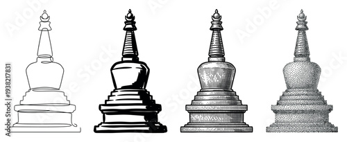Buddhist stupa chorten monument vector illustration set showcasing different artistic drawing styles including line art, solid fill, hatching, and stippling.