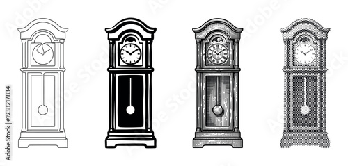 Four distinct grandfather clocks in various artistic styles illustrate the timeless elegance of antique timekeeping devices.