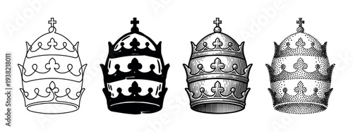 Collection of papal tiara illustrations in diverse artistic styles, showcasing the iconic symbol of ecclesiastical power and tradition.