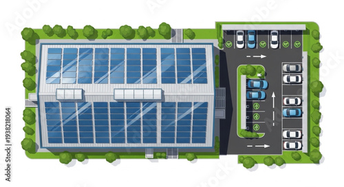 Modern Building With Solar Panels On Roof And Parking Lot.