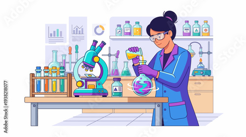 Scientist working in a laboratory with microscope and chemicals.