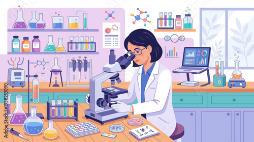 Scientist working with microscope in laboratory setting.