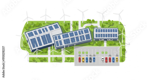 Modern renewable energy farm with solar panels and wind turbines.