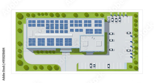 Aerial view of a modern office building with solar panels and parking lot.