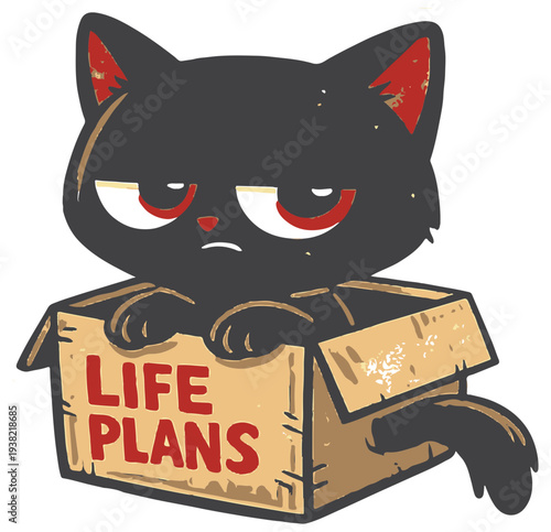 Grumpy black cat peering from a worn cardboard box labeled “Life Plans,” 