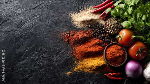 Fresh spices and vegetables neatly arranged on a dark kitchen surface