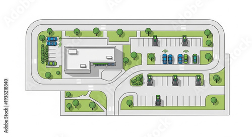 Aerial view of a modern office building with parking lot and landscaping.