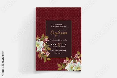 WEDDING INVITATION FRAME WITH FLOWER DECORATIONS AND FRESH LEAVES
