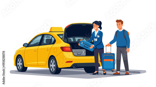 Taxi driver helps passenger load luggage into car trunk.