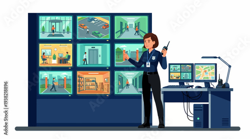 Security guard woman monitoring surveillance screens with radio.