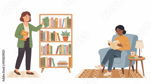 Two women enjoying books in a cozy setting.
