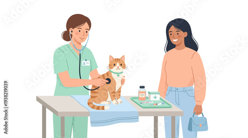 Veterinarian examining a cat with its owner present.