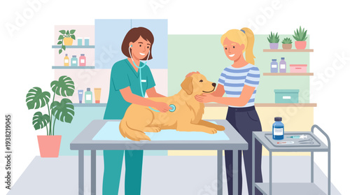 Veterinarian examining a golden retriever dog with owner present.
