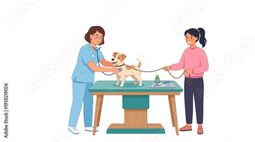 Veterinarian Examining a Small Dog with Owner Present.