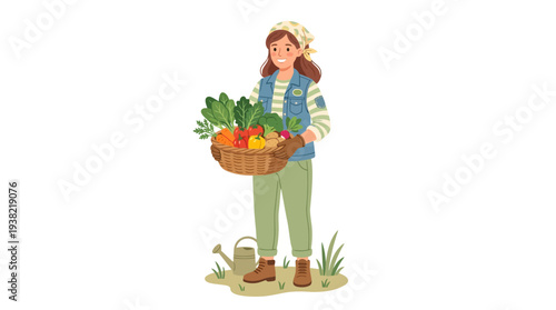 Woman Farmer Holding Basket Full of Fresh Produce.