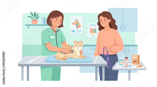 Veterinarian examining a cat with owner present.