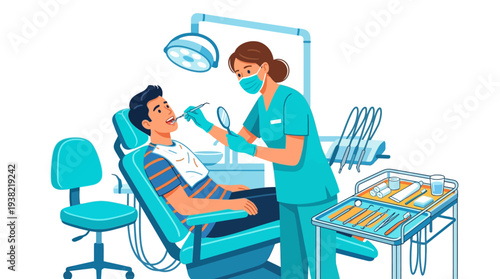 Dentist examining patients teeth in dental chair.