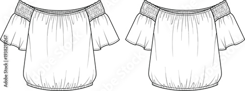 Off shoulder blouse technical drawing, women fashion top template, front back view, puff sleeve elastic neckline garment vector outline