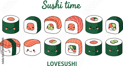 Cute Kawaii Sushi Set with Smiling Sushi Rolls Salmon Nigiri and Maki Japanese Food Cartoon Vector Illustration