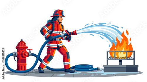 Firefighter bravely battles intense flames with water hose.