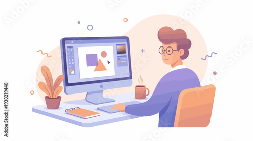 Graphic designer working on computer illustration software.