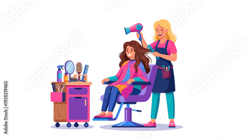 Hairdresser styling clients hair with hairdryer.