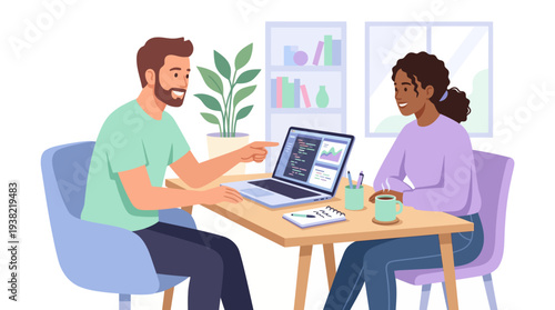 Man and woman collaborating on a laptop at a table.