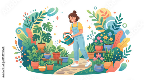 Woman watering plants in a lush garden setting.