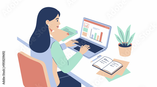 Woman working on laptop with charts and graphs.