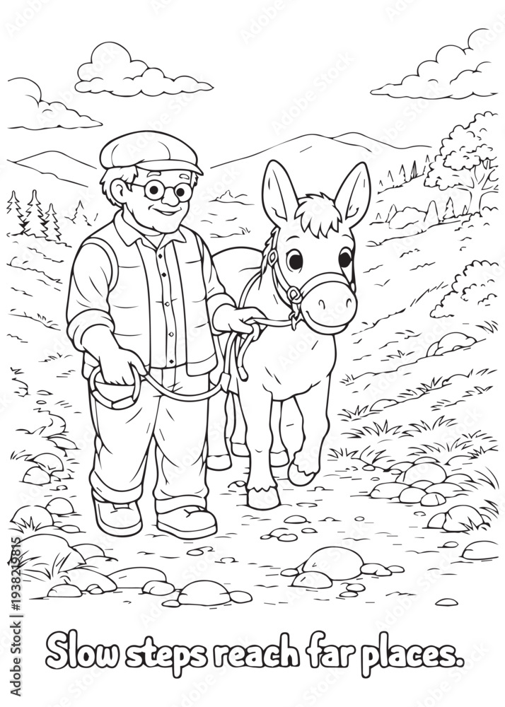 Fototapeta premium coloring book grandpa walking slowly beside his donkey over a rocky path, taking careful steady steps