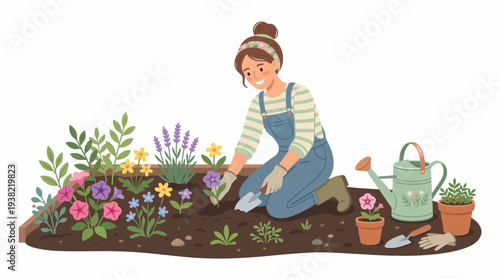 Young woman happily gardening planting flowers in a garden bed.
