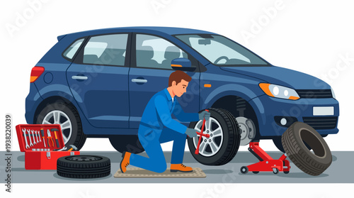 Mechanic Working on a Car Tire Replacement.
