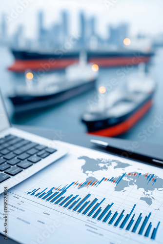 Cargo vessel anchored in a harbor with a financial graph overlay, representing maritime trade and the shipping industry in a contemporary port environment