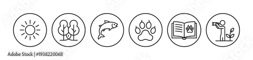 Nature and wildlife exploration icons representing outdoor activities and learning about the environment.