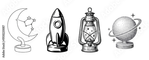 Vintage space themed moon rocket lantern planet designs offer a charming collection of cosmic exploration elements.