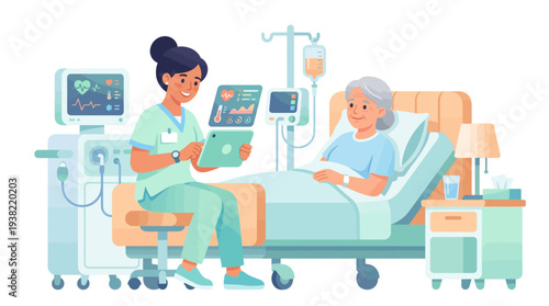 Nurse Caring for Elderly Patient in Hospital Room.