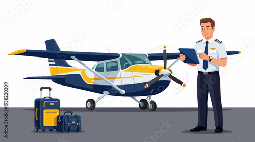 Pilot Standing With Small Airplane And Luggage Ready For Travel.