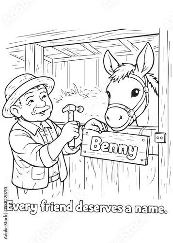 coloring book grandpa attaching a nameplate to the stable door for his donkey, every friend deserves a name