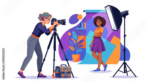 Photographer Capturing Portrait of a Young Woman in Studio.