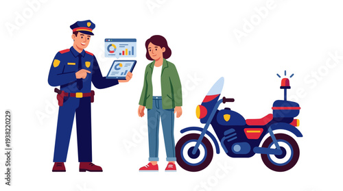 Police officer showing data on tablet to woman near motorcycle.