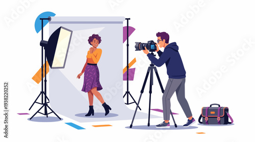 Professional photography studio session with model and photographer.