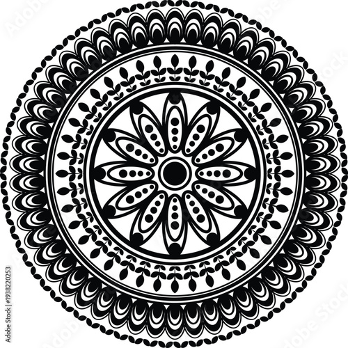 Intricate Black and White Floral Mandala Vector Illustration for Coloring and Meditation